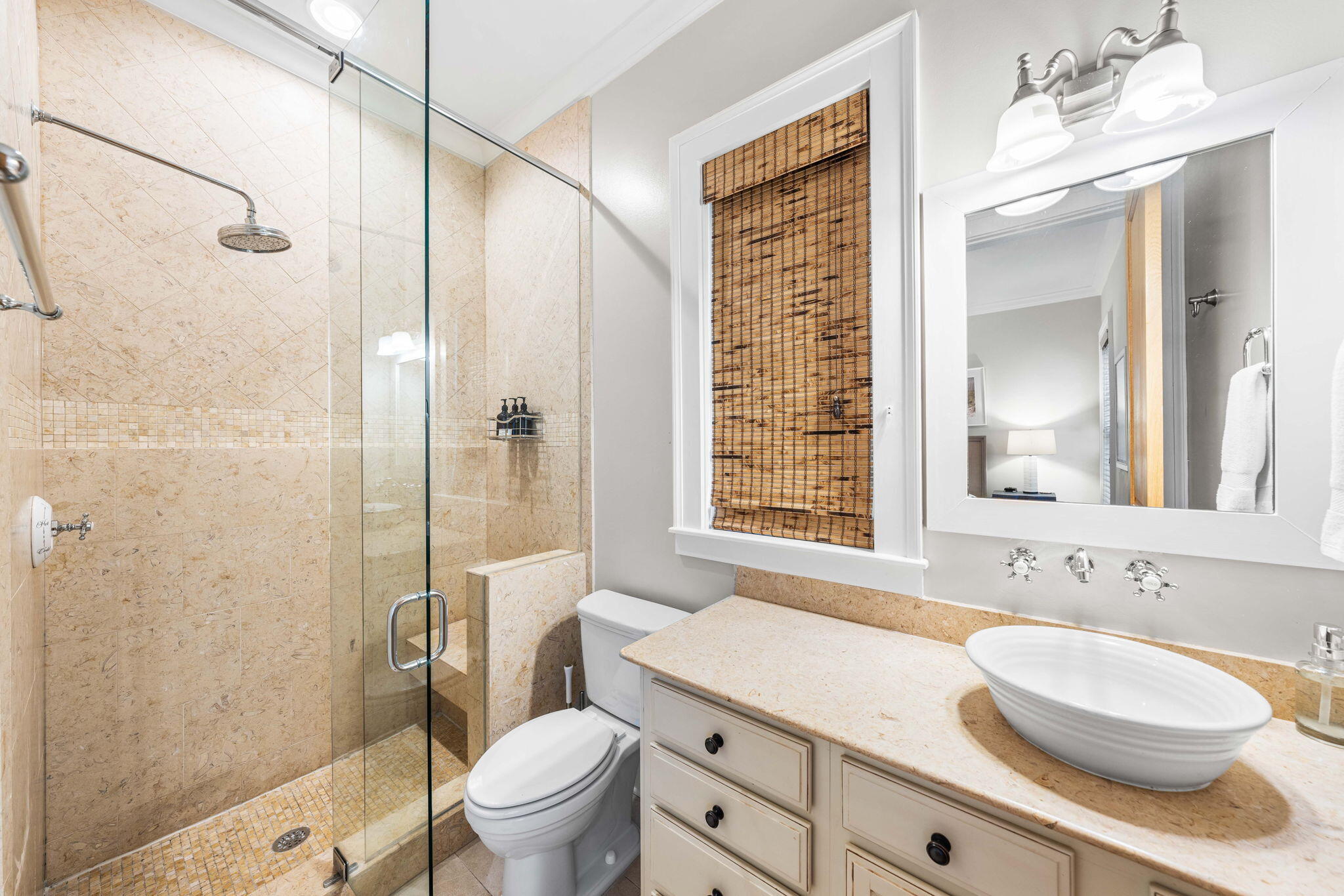 90 South Founders Lane Inlet Beach, FL 32461 - Photo 22 of 44 a bathroom with a granite countertop sink toilet a mirror and shower
