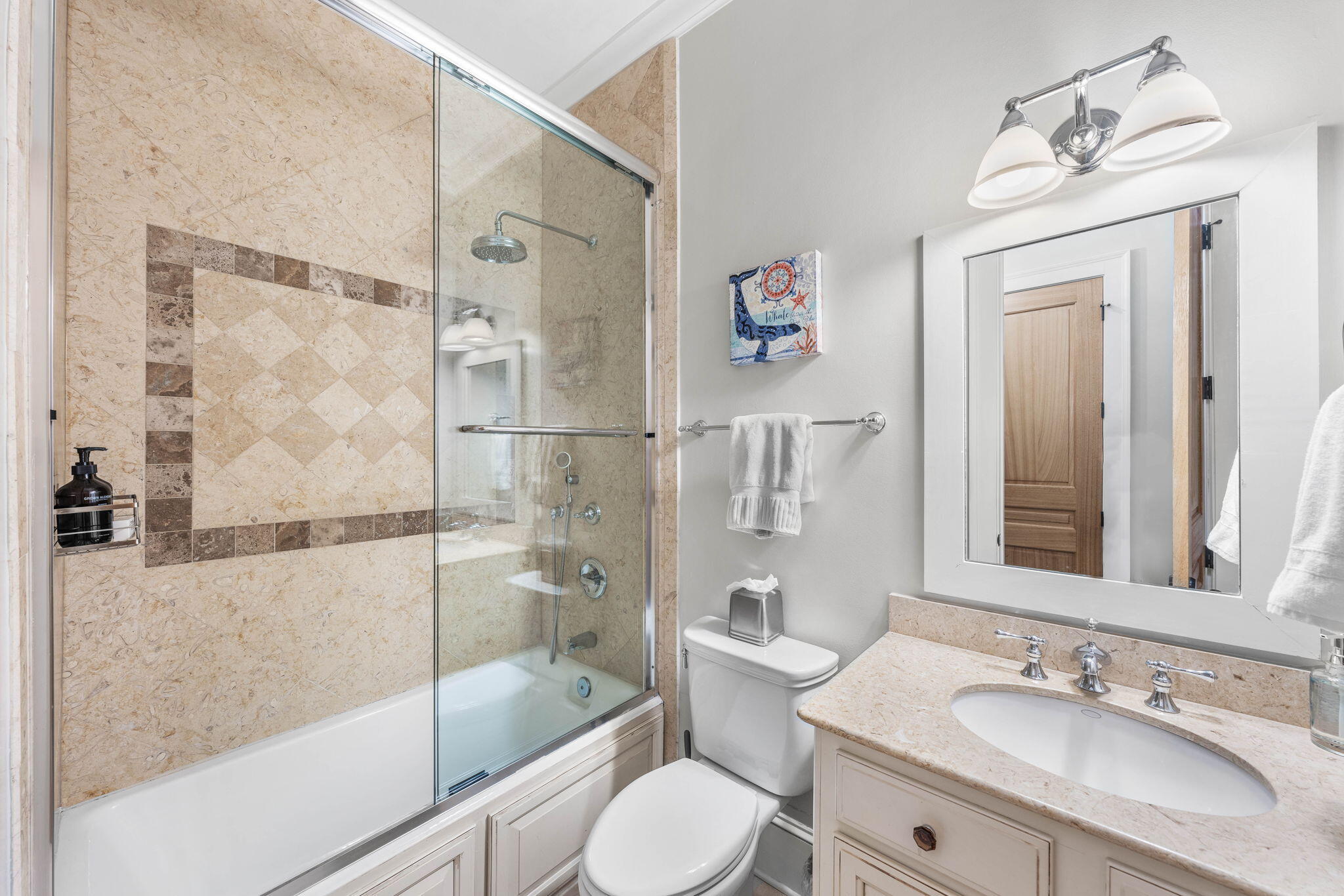 90 South Founders Lane Inlet Beach, FL 32461 - Photo 28 of 44 a bathroom with a granite countertop sink toilet and shower