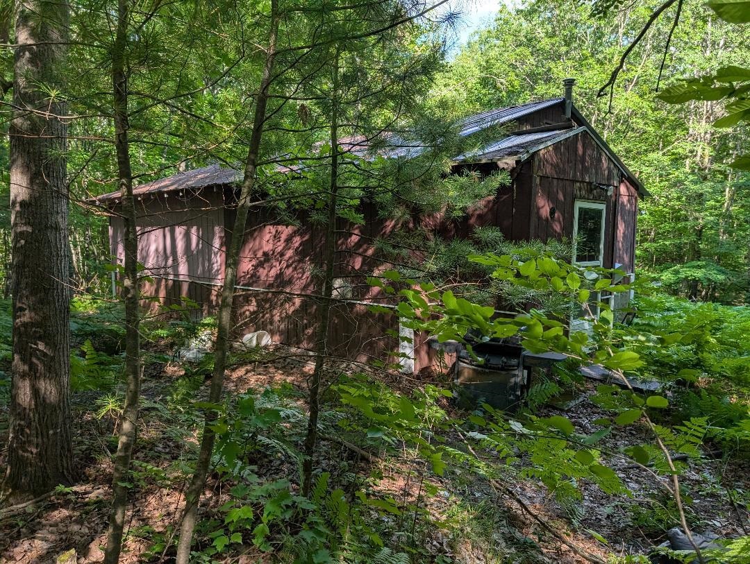 View of outbuilding with a view of trees