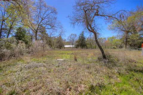 a view of a field with trees in the background