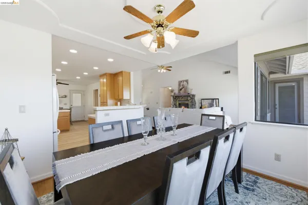 a view of a dining room with furniture