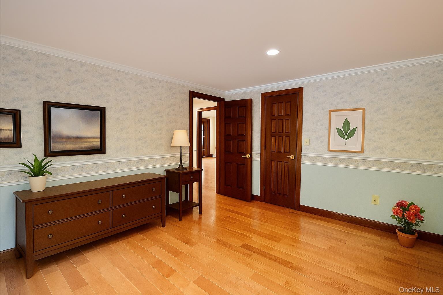 285 Goff Road Livingston Manor, NY 12758 - Photo 15 of 24 Sitting room featuring lightwood finished floors, crownmolding, recessed lighting, awainscoted wall, andwallpapered walls