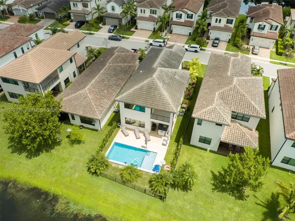an aerial view of a house with garden