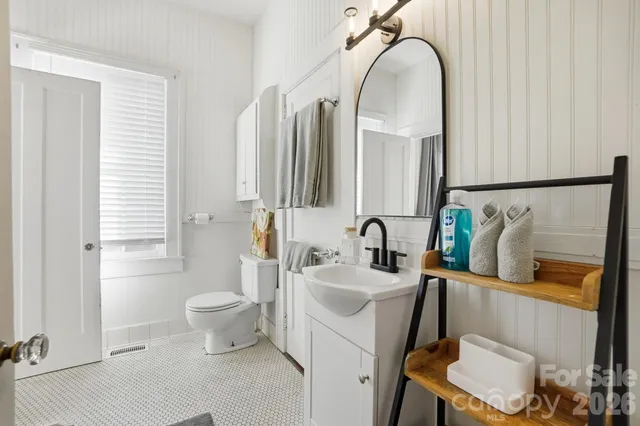 a bathroom with a sink a toilet and a mirror