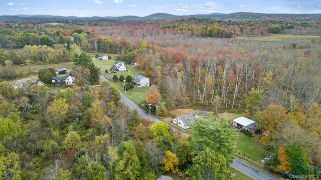 an aerial view of residential houses with outdoor space and trees