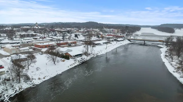 a view of a lake with mountains in the background