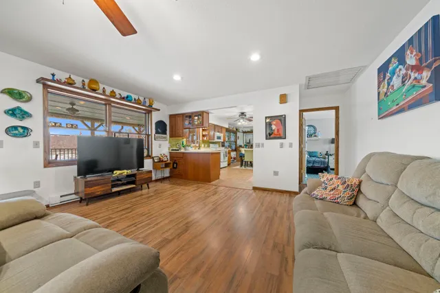 a view of a living room and a balcony