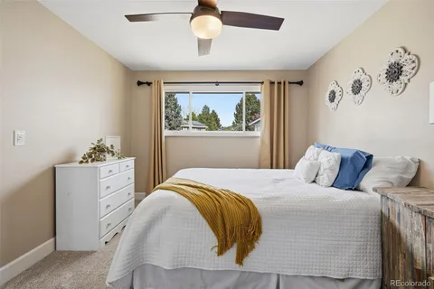 a bedroom with a bed and a painting on the wall