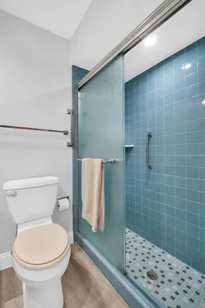 an aerial view of residential houses with outdoor space and trees