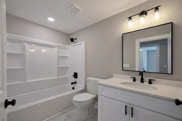 a bathroom with a toilet a sink a mirror a bathtub and vanity