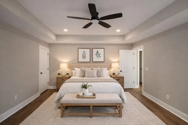 a spacious bedroom with a bed and a ceiling fan