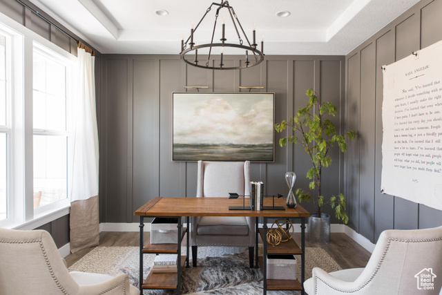 1547 North 1350 E Street, Unit 2 Mapleton, UT 84664 - Photo 14 of 18 Home office featuring wood finished floors, a decorative wall, a chandelier, and a raised ceiling