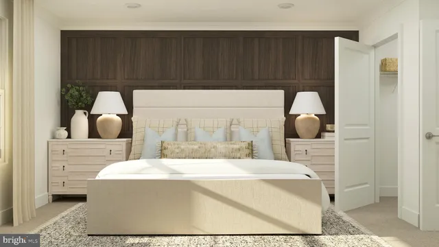 a bedroom with a bed and cabinets