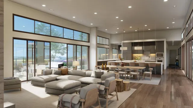 a living room with lots of furniture wooden floor and a large window