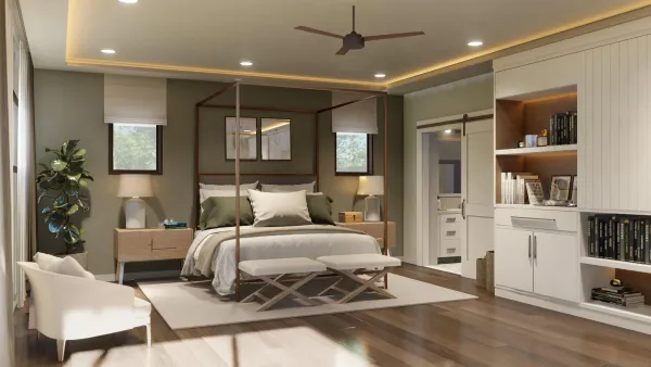 a bedroom with a large bed a flat tv screen and a bookshelf