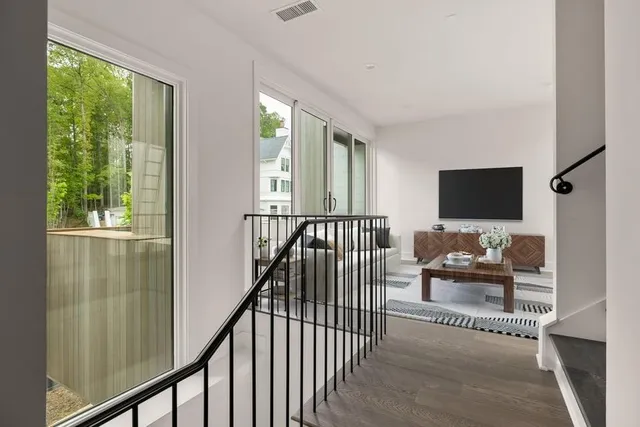 a view of a bedroom from a balcony