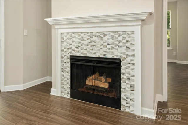 a room with a fireplace