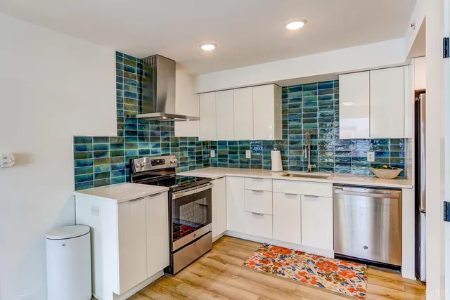 a kitchen with stainless steel appliances granite countertop a stove and a sink
