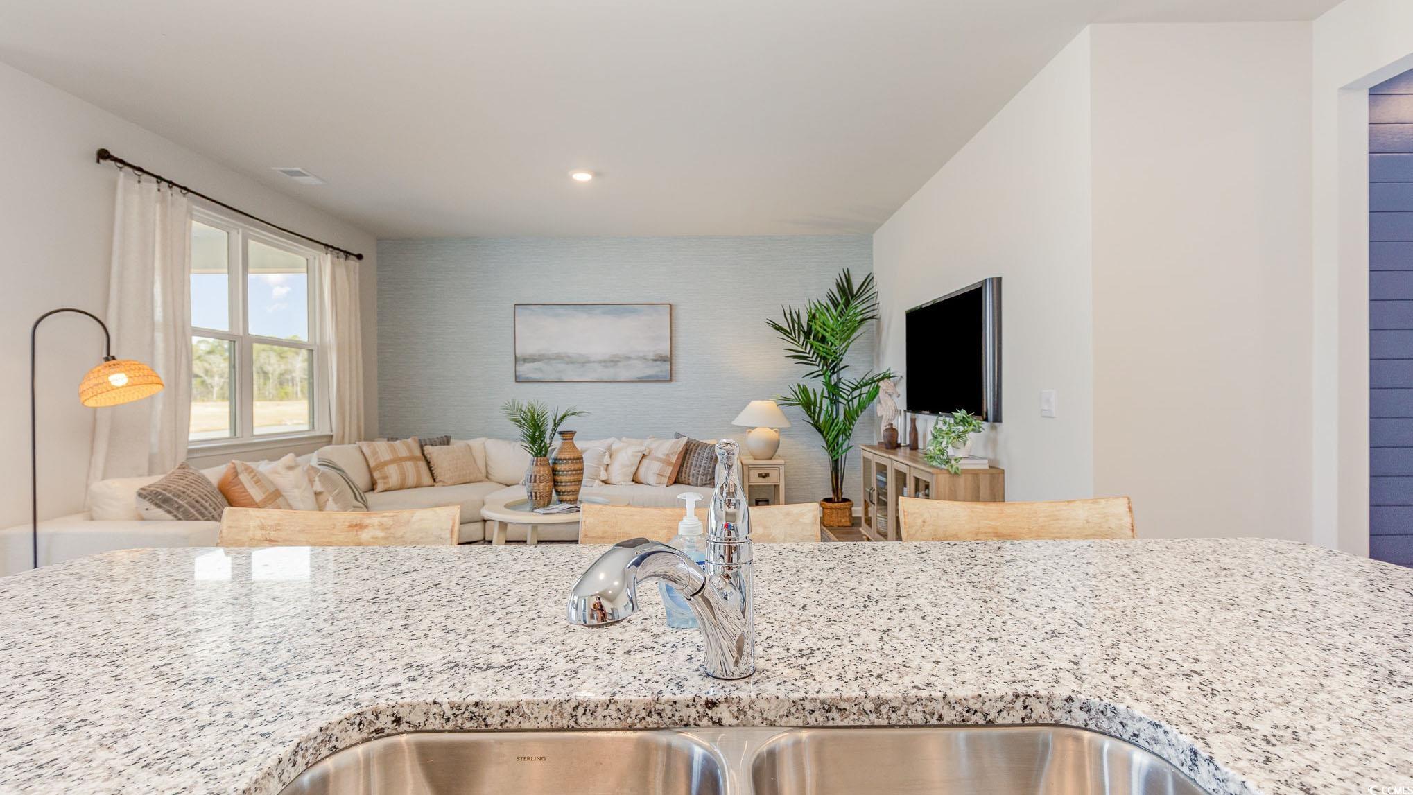 592 Duvall Street Longs, SC 29568 - Photo 27 of 28 Kitchen featuring an accent wall, light stone counters, open floor plan, and recessed lighting