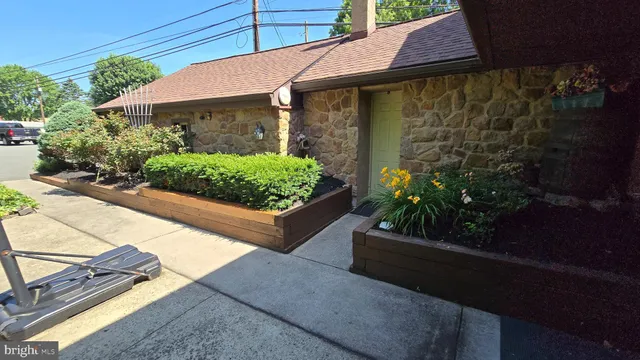 a couple of potted plants in front of yellow house