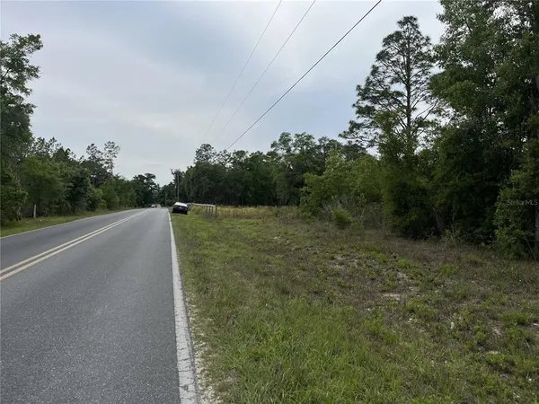 a view of a field with trees in background