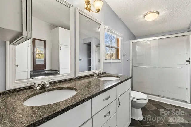 a bathroom with a granite countertop sink toilet and shower