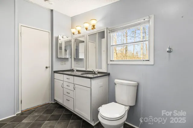 a bathroom with a granite countertop toilet sink and mirror