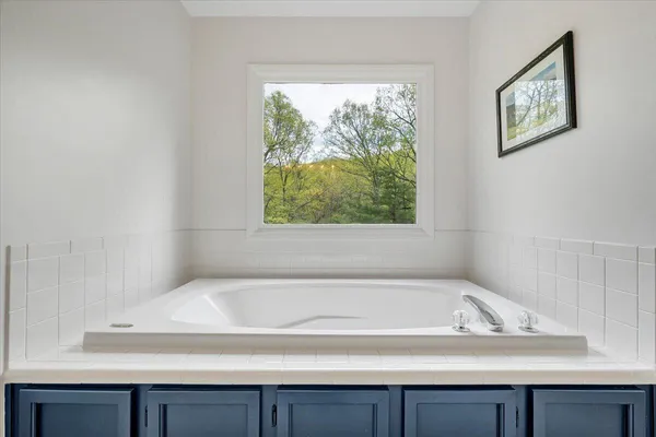 a bathroom with a bathtub and a sink