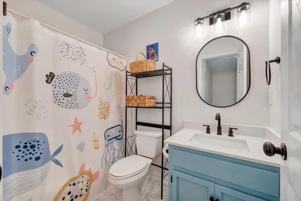a bathroom with a toilet a sink and a mirror