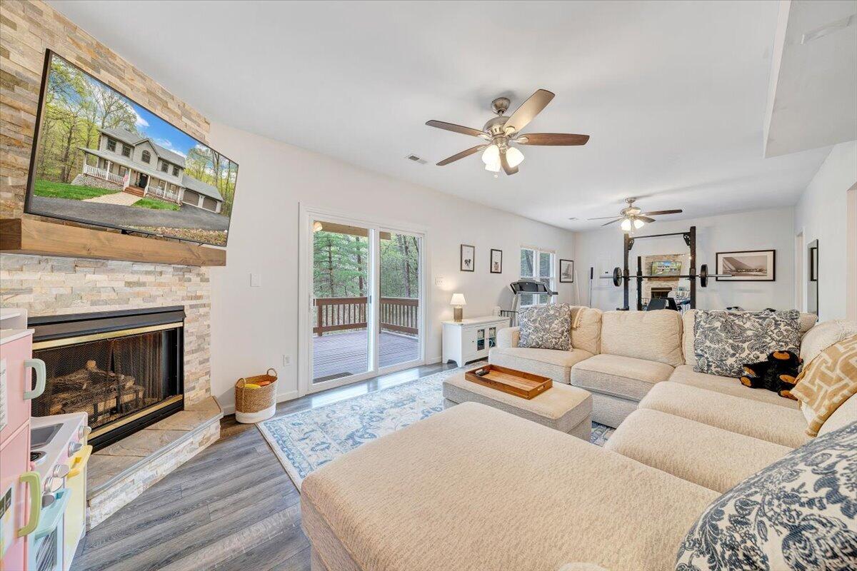 245 Timber Trail Lane Hardy, VA 24101 - Photo 27 of 38 a living room with furniture a fireplace and a flat screen tv