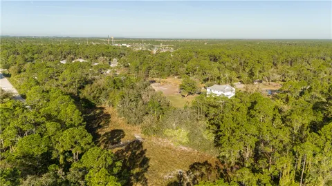 an aerial view of residential houses with outdoor space and trees