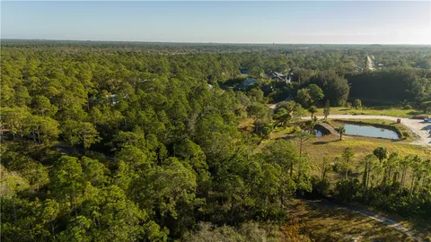 an aerial view of residential houses with outdoor space and trees