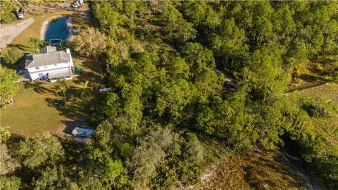 an aerial view of residential houses with outdoor space and trees