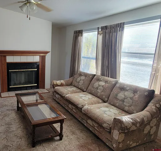 a living room with furniture and a fireplace