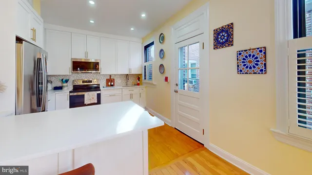 a kitchen with stainless steel appliances a refrigerator and a stove top oven