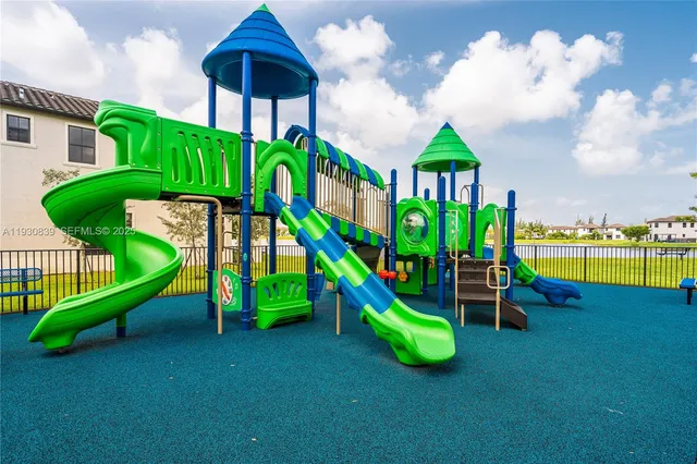 a view of a park with slide