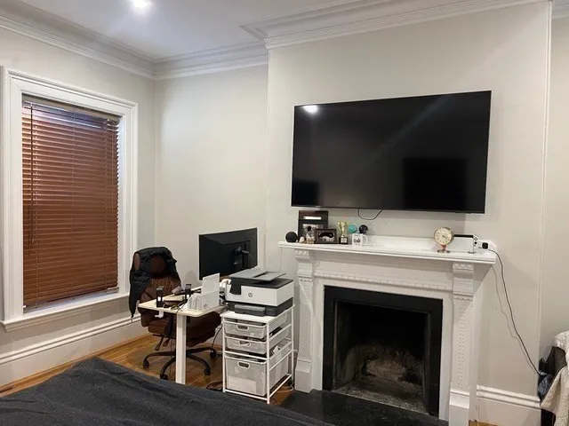 a living room with a flat screen tv a rug and a fireplace