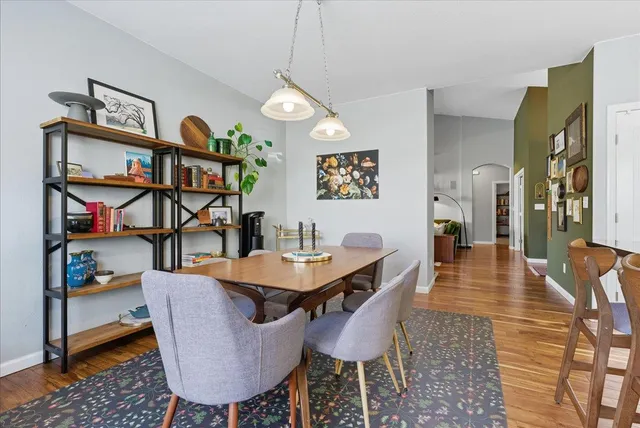 a view of a dining room with furniture