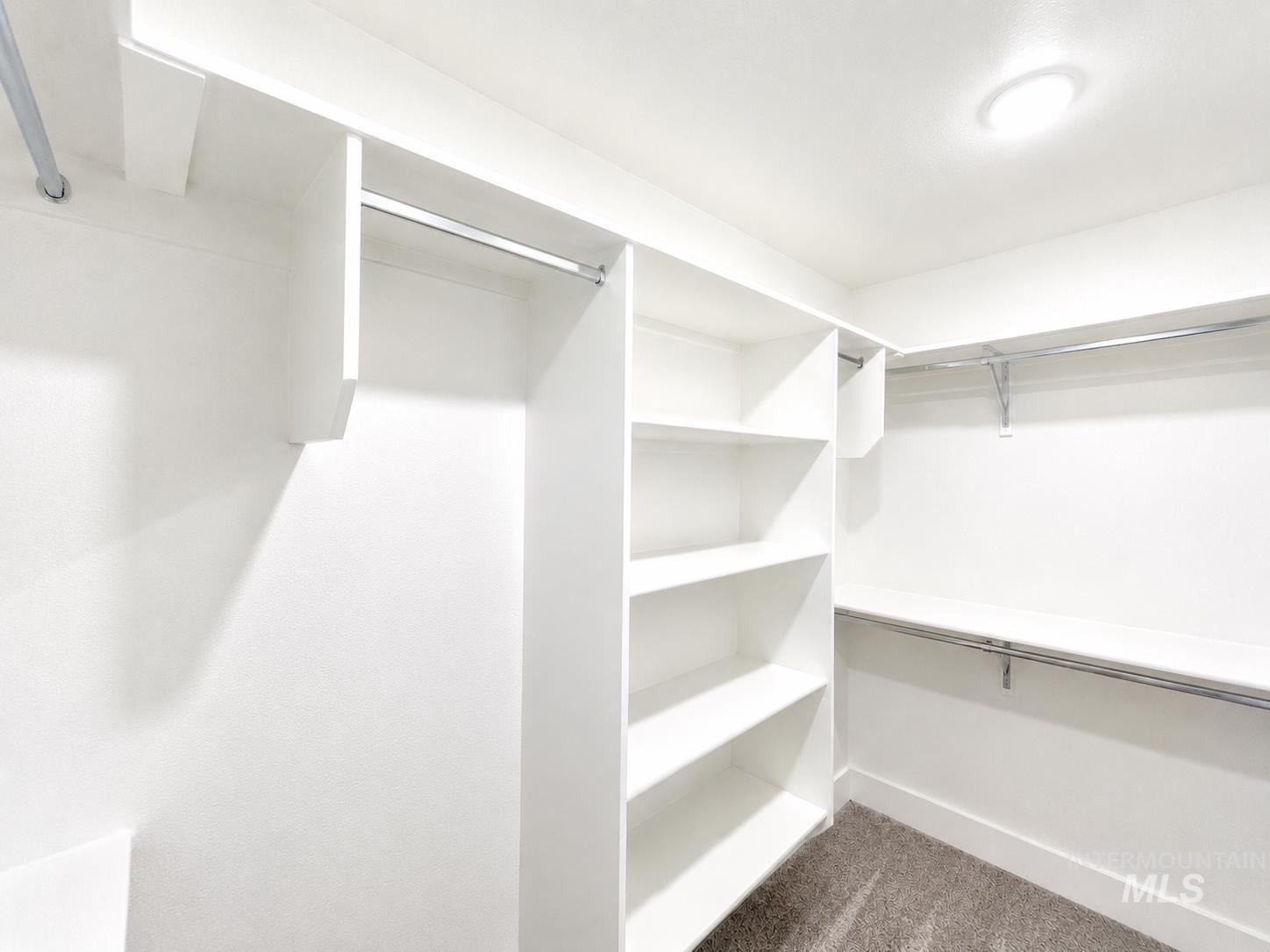 8098 West Fern Street Eagle, ID 83616 - Photo 17 of 22 White walk-in closet featuring extensive built-in shelving, multiple hanging rods, recessed ceiling lighting, and carpet flooring