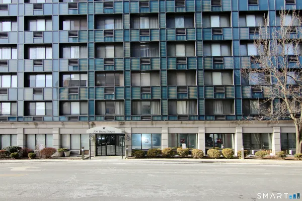front view of a building with a street