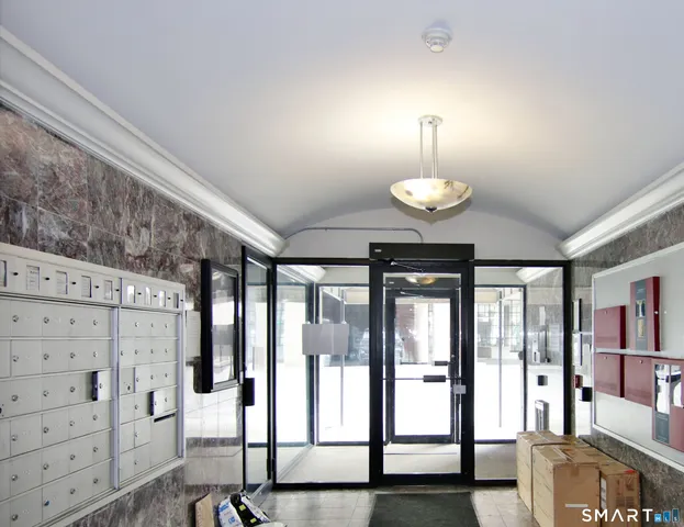 a view of a room with racks on the wall