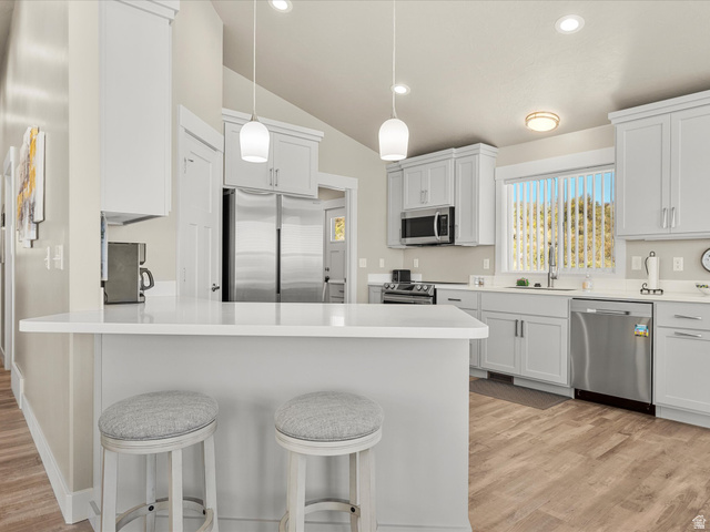 608 Fremont Road Fish Haven, ID 83287 - Photo 16 of 35 Kitchen featuring light-toned cabinetry, stainless steel appliances, a white countertop island, wood-finish flooring, and recessed lighting