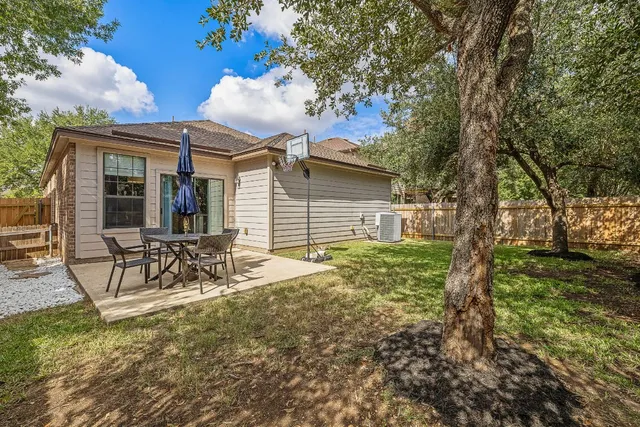 a view of a backyard with a large tree