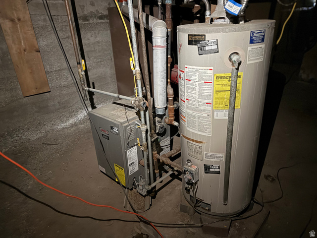 2002 Lund Road Bancroft, ID 83217 - Photo 20 of 28 Utility area featuring a water heater and furnace with exposed piping