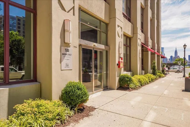 a couple of flower plants in front of building