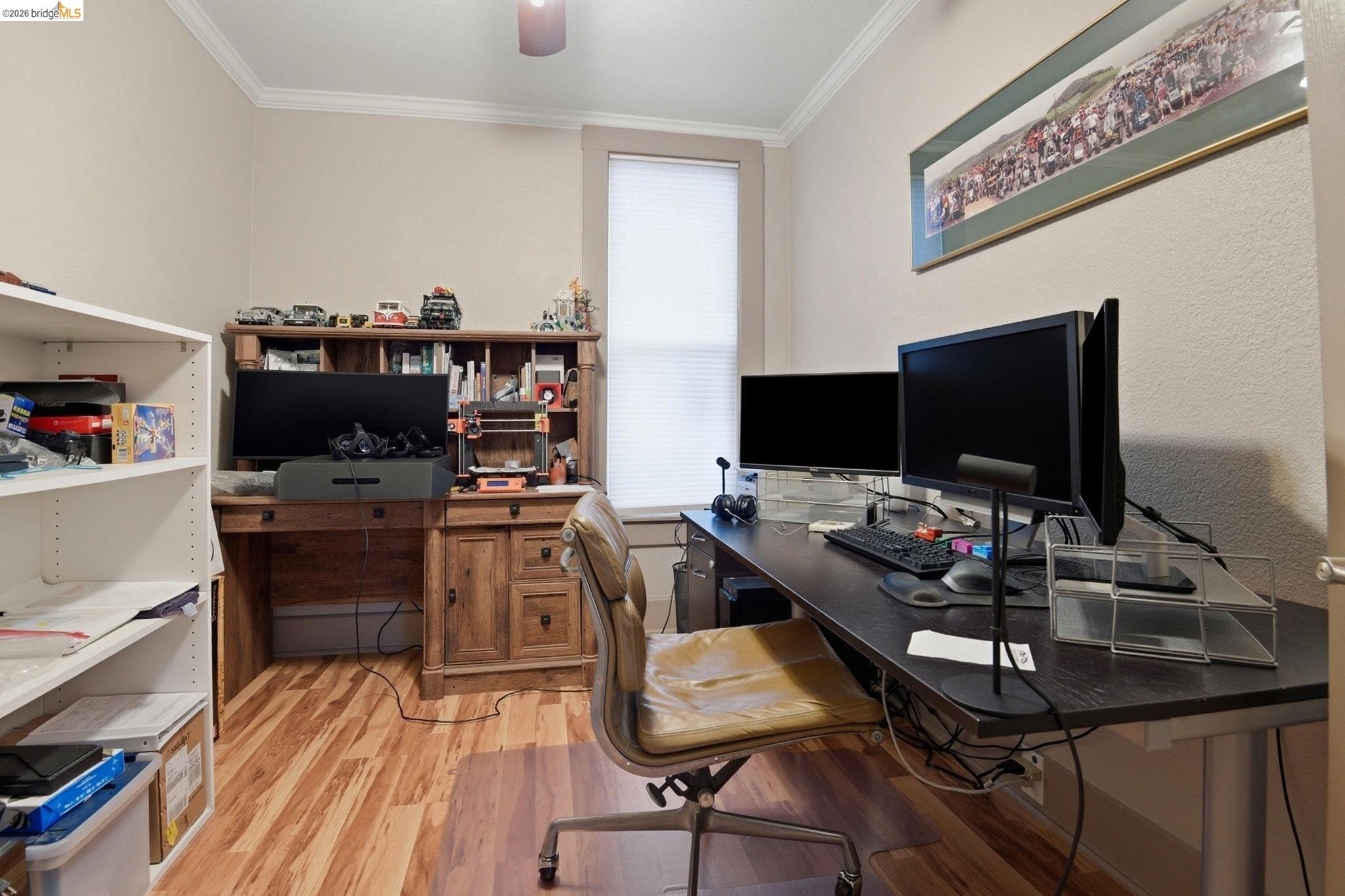 2155 Chestnut Street Livermore, CA 94551 - Photo 14 of 44 Office with light wood finished floors, crown molding, and ceiling fan