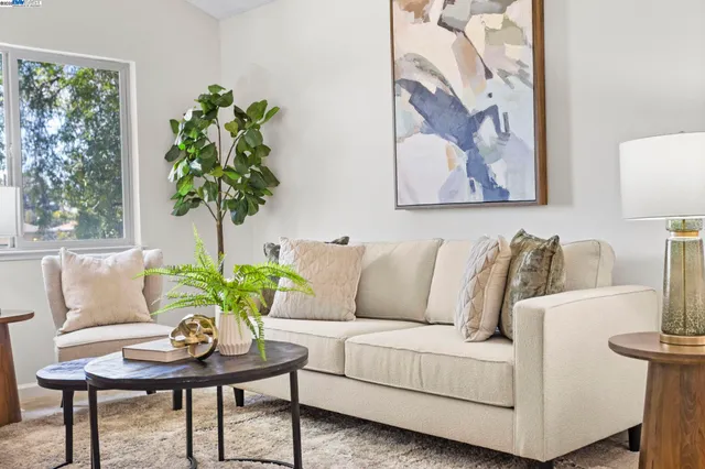a living room with furniture and a potted plant