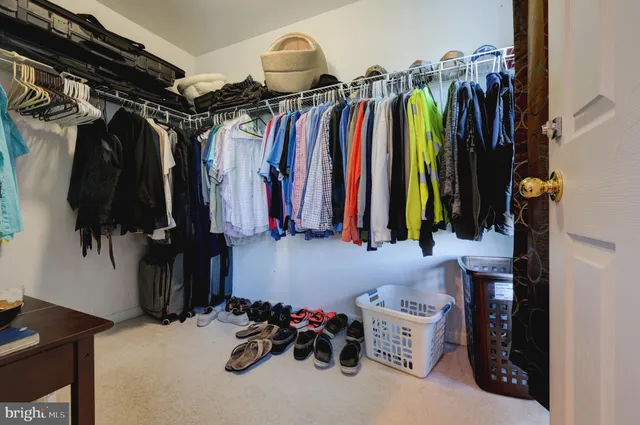 a view of walk in closet with clothes and shoes