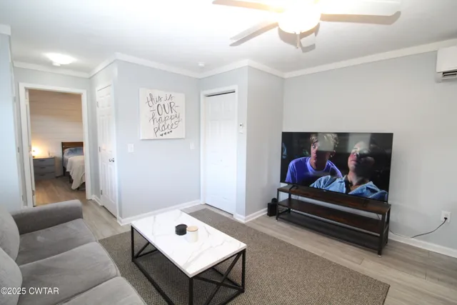 a living room with furniture and a rug