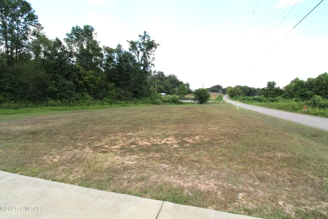 a view of a field with trees in background